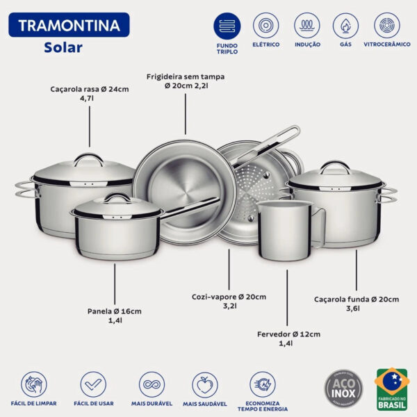 Jogo de Panelas Tramontina Solar em Aço Inox com Fundo Triplo e Tampas de Inox 6 Peças - Imagem 2